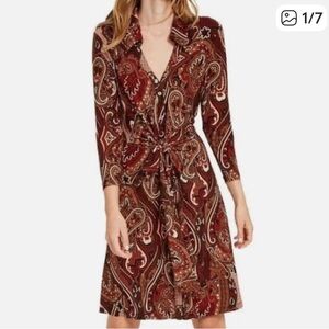 Tommy Hilfiger Red and Brown Paisley Long Sleeve Dress